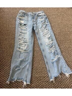 Free People Maggie Mid Rise Straight Light Blue Distressed Jeans Womens 27